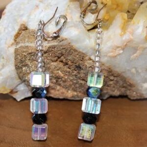 New Crystals and Seed Beads with Black Iridescent Faceted Beaded Earrings